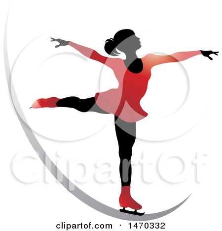 Clipart of a Silhouetted Female Figure Skater on a Silver Swoosh - Royalty Free Vector Illustration by Lal Perera