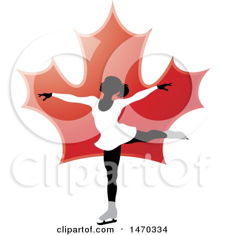 Clipart of a Silhouetted Female Figure Skater over a Red Maple Leaf - Royalty Free Vector Illustration by Lal Perera