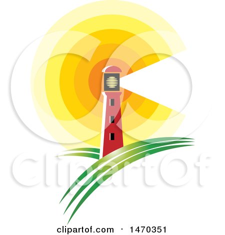 Clipart of a Lighthouse with a Shining Beacon Against a Sunset - Royalty Free Vector Illustration by Lal Perera