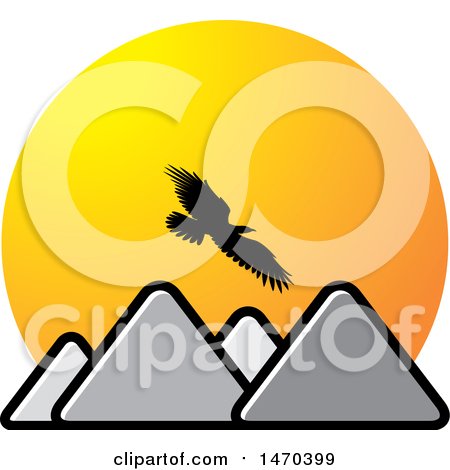Clipart of a Silhouetted Eagle Flying over Mountains and Sunset Sky - Royalty Free Vector Illustration by Lal Perera