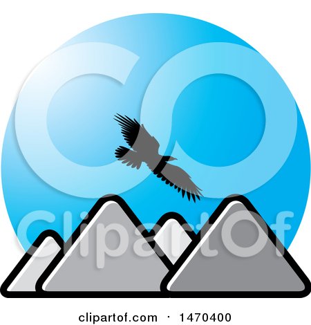 Clipart of a Silhouetted Eagle Flying over Mountains and Blue Sky - Royalty Free Vector Illustration by Lal Perera