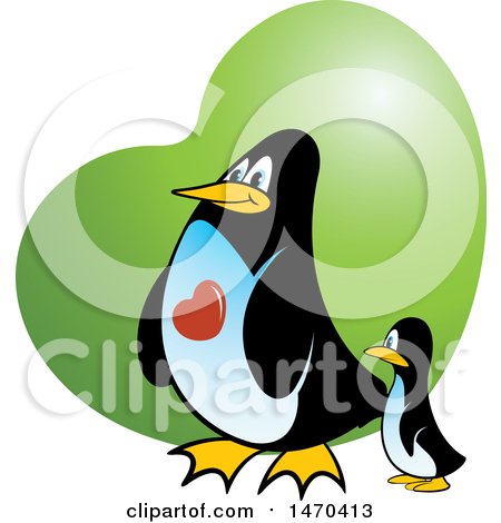 Clipart of a Penguin Parent and Baby over a Green Heart - Royalty Free Vector Illustration by Lal Perera