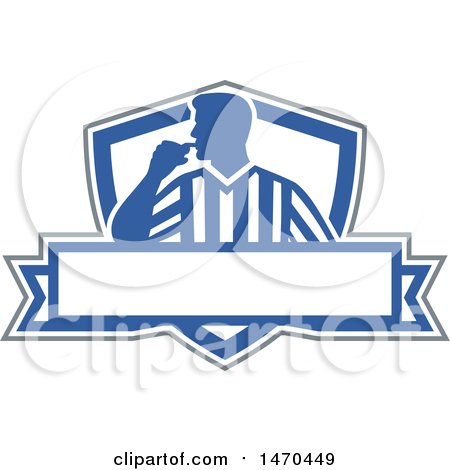 Clipart of a Silhouetted Referee Umpire Blowing a Whistle in a Blue and White Shield over a Banner - Royalty Free Vector Illustration by patrimonio