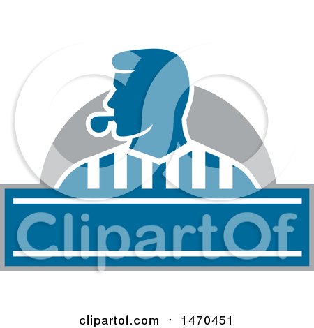 Clipart of a Silhouetted Referee Umpire Blowing a Whistle over a Blue Banner - Royalty Free Vector Illustration by patrimonio