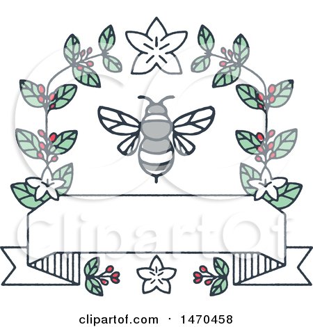 Clipart of a Bee with Coffee Leaves and Berries over a Blank Banner - Royalty Free Vector Illustration by patrimonio