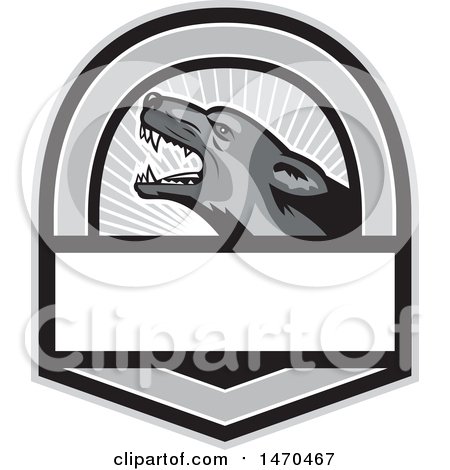 Clipart of a Grayscale German Shepherd Dog in a Shield with Rays - Royalty Free Vector Illustration by patrimonio