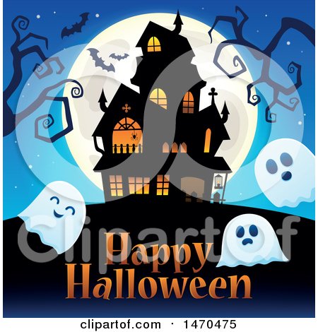 Clipart of a Group of Halloween Ghosts near a Haunted House - Royalty Free Vector Illustration by visekart