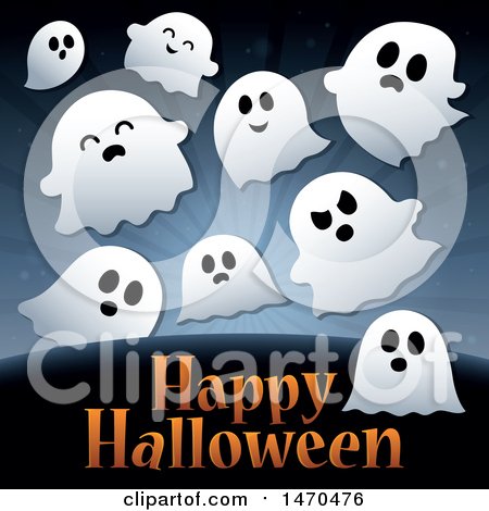 Clipart of a Happy Halloween Greeting Under a Group of Ghosts - Royalty Free Vector Illustration by visekart