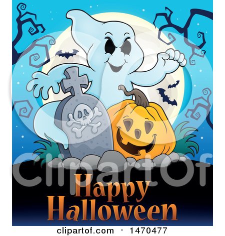 Clipart of a Ghost with a Tombstone and Halloween Jackolantern over Text - Royalty Free Vector Illustration by visekart