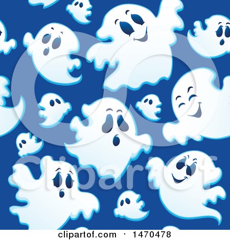 Clipart of a Seamless Ghosts on Blue Halloween Pattern Background - Royalty Free Vector Illustration by visekart