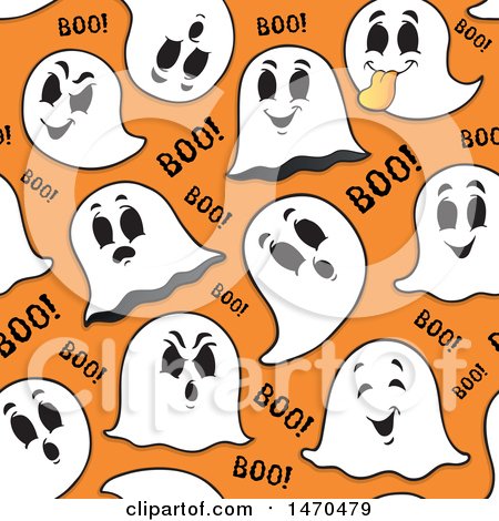 Clipart of a Seamless Ghosts on Orange Halloween Pattern Background - Royalty Free Vector Illustration by visekart
