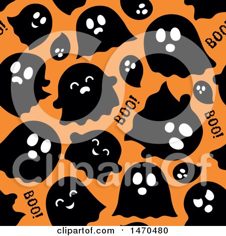Clipart of a Seamless Ghosts on Orange Halloween Pattern Background - Royalty Free Vector Illustration by visekart