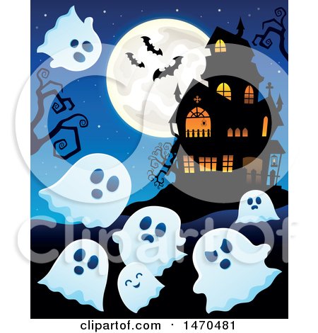 Clipart of a Group of Halloween Ghosts near a Haunted House - Royalty Free Vector Illustration by visekart