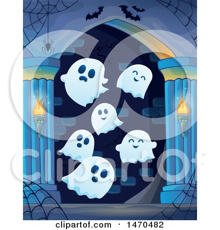 Clipart of a Group of Halloween Ghosts in a Haunted Hallway - Royalty Free Vector Illustration by visekart