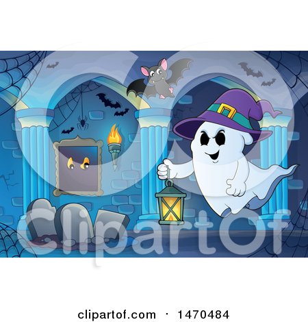 Clipart of a Halloween Ghost Wearing a Witch Hat and Flying with a Lantern - Royalty Free Vector Illustration by visekart