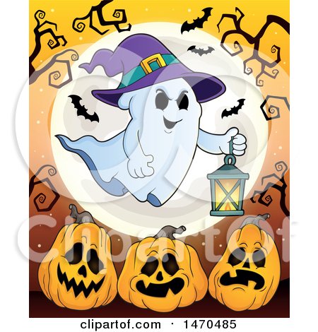 Clipart of a Halloween Ghost Holding a Lantern over Jackolantern Pumpkins - Royalty Free Vector Illustration by visekart