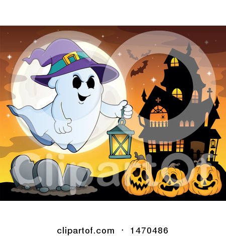 Clipart of a Halloween Ghost Holding a Lantern over Jackolantern Pumpkins near a Haunted House - Royalty Free Vector Illustration by visekart