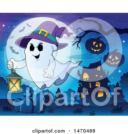 Clipart of a Halloween Ghost Wearing a Witch Hat and Flying with a Lantern - Royalty Free Vector Illustration by visekart