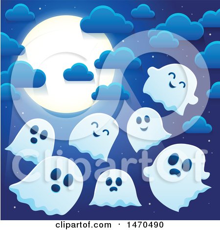 Clipart of a Group of Halloween Ghosts Under a Full Moon - Royalty Free Vector Illustration by visekart