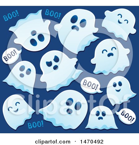 Clipart of a Group of Halloween Ghosts Saying Boo on Blue - Royalty Free Vector Illustration by visekart