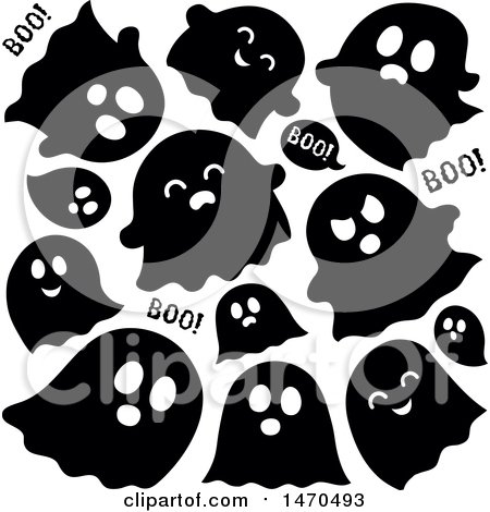 Clipart of a Group of Halloween Ghosts in Black and White - Royalty Free Vector Illustration by visekart