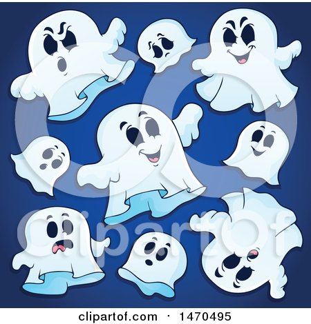 Clipart of a Group of Halloween Ghosts on Blue - Royalty Free Vector Illustration by visekart