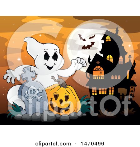 Clipart of a Halloween Ghost with a Jackolantern in a Graveyard, with a Haunted Mansion - Royalty Free Vector Illustration by visekart