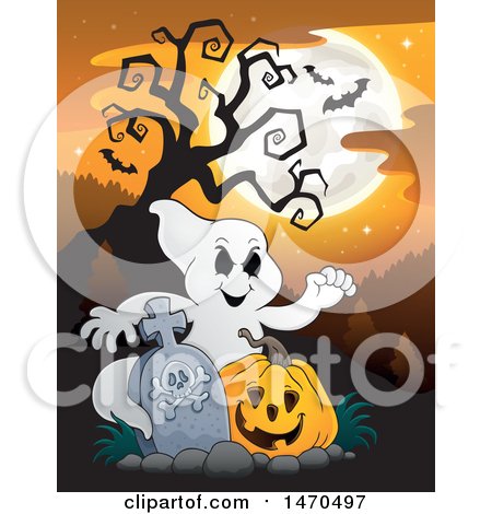 Clipart of a Halloween Ghost with a Jackolantern in a Graveyard - Royalty Free Vector Illustration by visekart