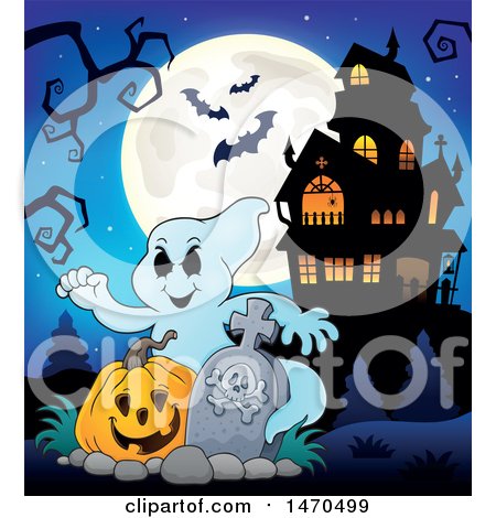 Clipart of a Halloween Ghost with a Jackolantern in a Graveyard, with a Haunted Mansion - Royalty Free Vector Illustration by visekart