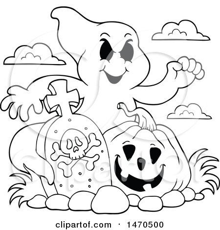 Clipart of a Ghost with a Halloween Pumpkin in a Graveyard, Black and White - Royalty Free Vector Illustration by visekart
