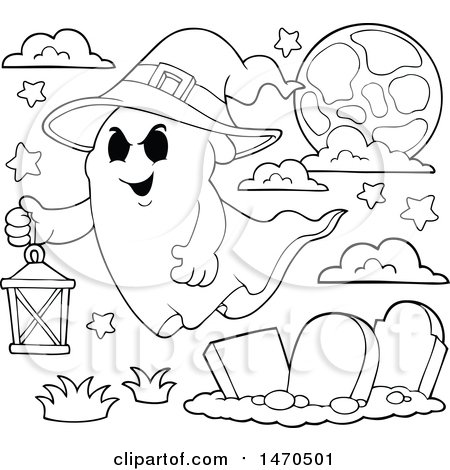 Clipart of a Ghost with a Lantern in a Graveyard, Black and White - Royalty Free Vector Illustration by visekart