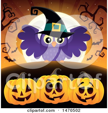 Clipart of a Halloween Witch Owl over Jackolanterns - Royalty Free Vector Illustration by visekart