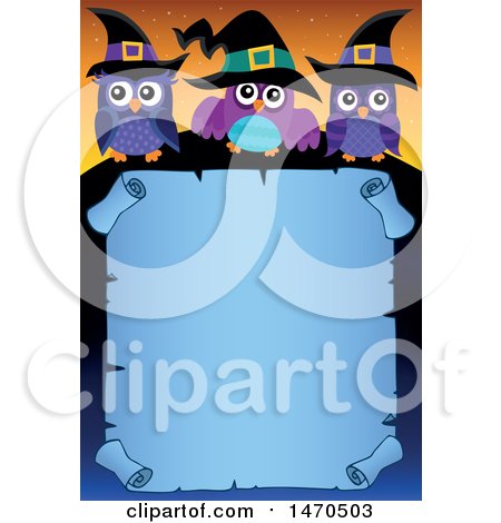 Clipart of a Halloween Scroll with Witch Owls - Royalty Free Vector Illustration by visekart