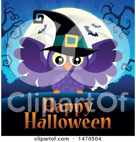 Clipart of a Happy Halloween Greeting with a Witch Owl - Royalty Free Vector Illustration by visekart