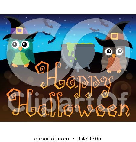 Clipart of a Happy Halloween Greeting with a Cauldron and Witch Owls - Royalty Free Vector Illustration by visekart