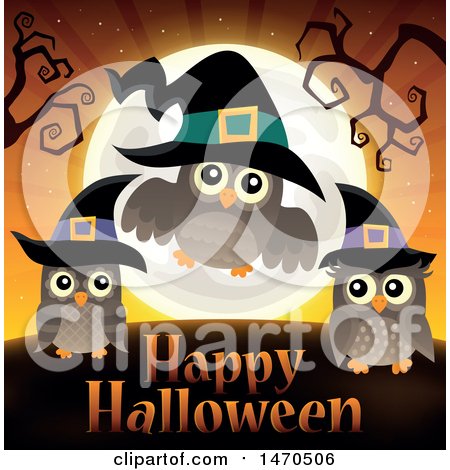 Clipart of a Happy Halloween Greeting with Witch Owls - Royalty Free Vector Illustration by visekart
