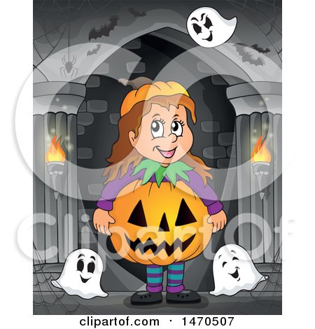 Clipart of a Girl Wearing a Halloween Jackolantern Pumpkin Costume in a Haunted Hallway - Royalty Free Vector Illustration by visekart