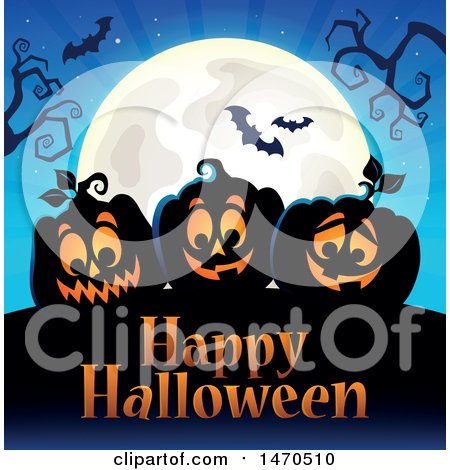 Clipart of a Happy Halloween Greeting with Jackolanterns and a Full Moon - Royalty Free Vector Illustration by visekart