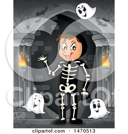 Clipart of a Group of Halloween Ghosts and Man in a Skeleton Costume in a Haunted Hallway - Royalty Free Vector Illustration by visekart