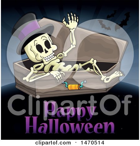 Clipart of a Happy Halloween Greeting Under a Skeleton in a Coffin - Royalty Free Vector Illustration by visekart