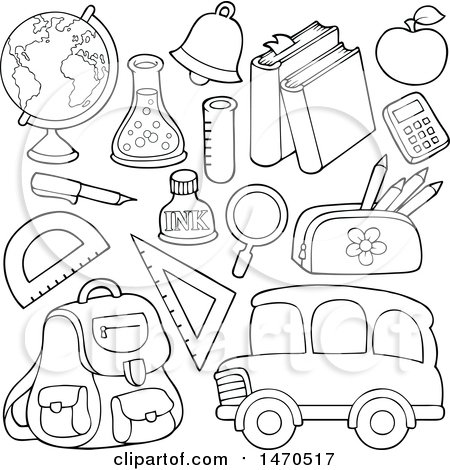 Clipart of Black and White School Items - Royalty Free Vector Illustration by visekart