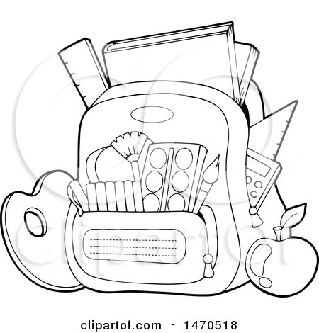 Clipart of a Backpack Stuffed with Supplies in Black and White - Royalty Free Vector Illustration by visekart