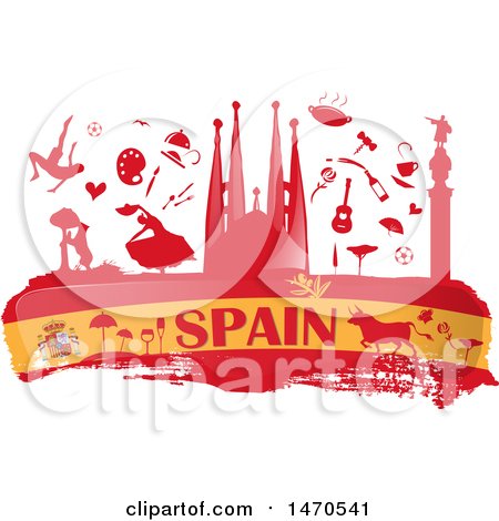 Clipart of a Spain Flag and Silhouetted Icons - Royalty Free Vector Illustration by Domenico Condello