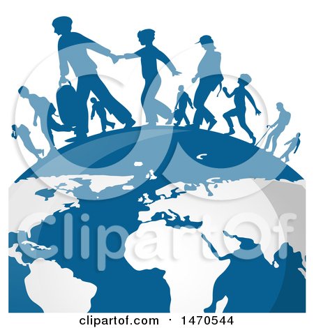 Clipart of a Blue Globe with Silhouetted Immigrants - Royalty Free Vector Illustration by Domenico Condello