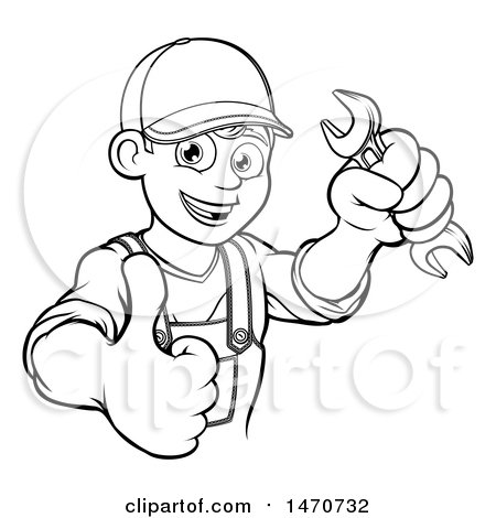 Clipart of a Lineart Happy Male Mechanic Holding a Spanner Wrench and Giving a Thumb up - Royalty Free Vector Illustration by AtStockIllustration