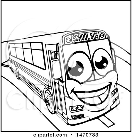 Clipart of a Lineart Happy School Bus Mascot - Royalty Free Vector Illustration by AtStockIllustration