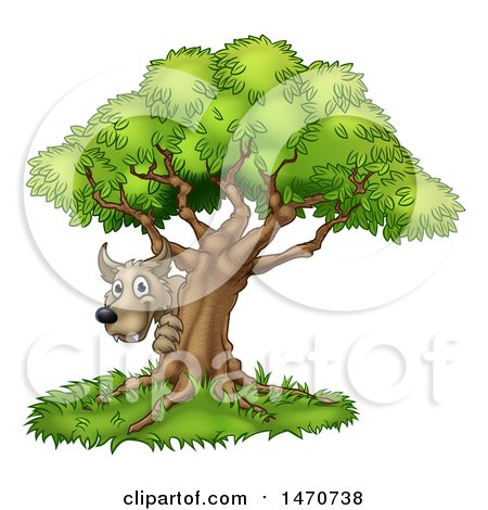 Clipart of the Bad Wolf Peeking from Behind a Tree, the Three Little Pigs Story - Royalty Free Vector Illustration by AtStockIllustration