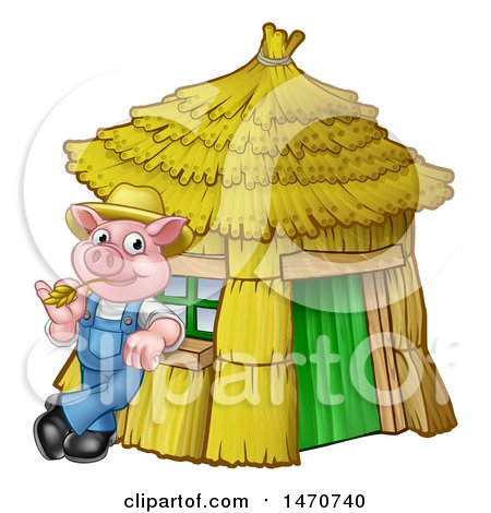Clipart of a Piggy from the Three Little Pigs Fairy Tale, Leaning Against His Straw House - Royalty Free Vector Illustration by AtStockIllustration