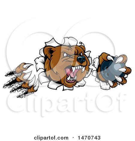 Clipart of a Vicious Aggressive Bear Mascot Slashing Through a Wall with a Bowling Ball in a Paw - Royalty Free Vector Illustration by AtStockIllustration