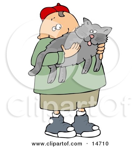 Chubby Little Caucasian Boy In A Red Hat, Green T Shirt, Tan Shorts Ad Blue Shoes, Holding His Gray Pet Kitty Cat Clipart Illustration Graphic by djart